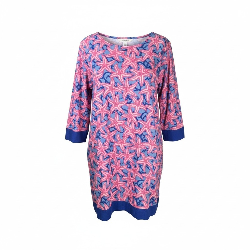 Talbots Pink Blue Starfish Print Dress 3/4 Bell‎ Sleeve Womens Sz Large Coastal